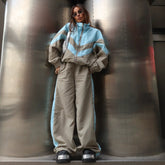 Contrast Panel Stand Collar Jacket and Pants Set