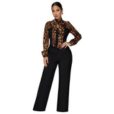 Women's Leopard Tie Neck Blouse and Pants Set