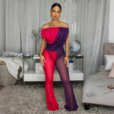 Off Shoulder Ruched Color Block Mesh Jumpsuit
