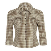 Casual Plaid Print Cinched Waist Button-Up Shirt Top