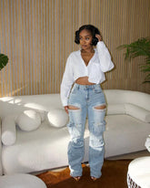 Rhinestone Multi Pocket Washed Jeans
