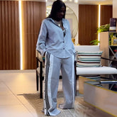 Fashion Lapel Stripe Shirt Wide Leg Pants Two Piece Set