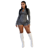 Zip Denim Jacket and Belted Shorts Set