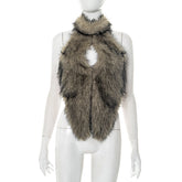 Sexy Faux Fur Hollow Out Slim Backless Halter Top