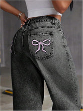 Bow Embroidered High Waist Wide Leg Jeans