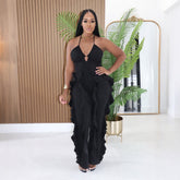 Halter V Neck Ruffle Wide Leg Jumpsuit