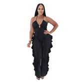 Halter V Neck Ruffle Wide Leg Jumpsuit