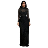 Beaded High Neck Mesh Long Sleeve Evening Dress