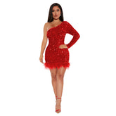 One Shoulder Sequin Feather Trim Mini Dress