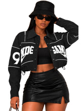 Letter Embroidered Drawstring Cropped Jacket