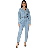 Belted Long Sleeve Straight Leg Denim Jumpsuit-boutique