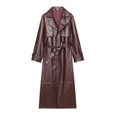 Burgundy Belted Faux Leather Trench Coat-boutique