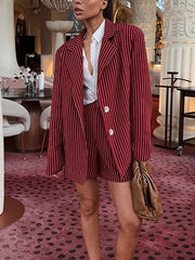 Fashion Loose Stripe Blazer Shorts Two Piece Sets