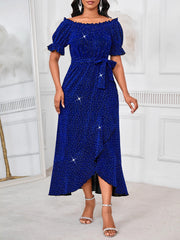 Glitter Off Shoulder Short Sleeve Party Midi Dress