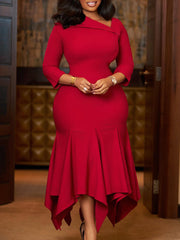 Elegant Slanted Collar Slim Ruffles Midi Dress