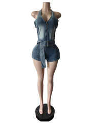 Casual Stretch Denim Halter Backless Romper