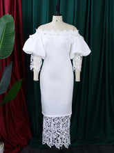 Elegant Off Shoulder Puff Sleeve Patchwork Lace Dress