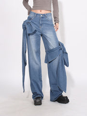 Casual Patchwork Bow Embellishment Straight Jeans