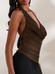 Fashion Draped Front Backless Glitter Halter Top