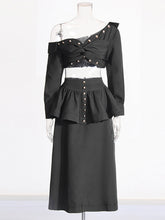 Fashion One Shoulder Crop Shirt Ruffle Long Skirt Set