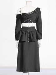Fashion One Shoulder Crop Shirt Ruffle Long Skirt Set