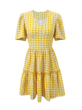 Casual Plaid Short Sleeve V Neck Ruffle A-line Dress