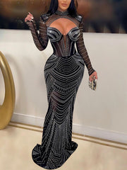 Sexy Rhinestone Sheer Mesh Slim Nightclub Party Dress