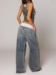 Casual Elastic Waist Patchwork Baggy Straight Jeans