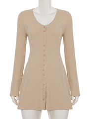 Fashion V Neck Button Down Ribbed Knit Mini Dress