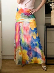 Casual Tie-Dye Print High Waist Mesh Long Skirt