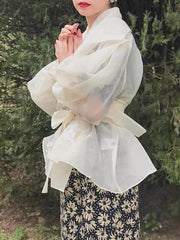 Elegant Lantern sleeve Lace-up Print Shirt