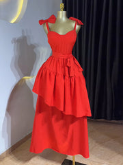 Elegant Heart Neck Bow-Strap Tiered Dress