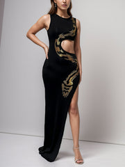 Hollow Snake Shaped Rhinestone Split Hip Dress