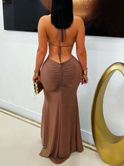 Sexy Halter Backless Hollow Out Slit Maxi Dress
