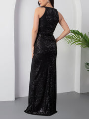 Sexy Sequin Fitted Split Hem Sleeveless Maxi Dress