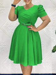 Casual V-neck High Waist Pleated Hem Midi Dress