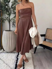 Strapless Pleated Faux Leather Midi Dress