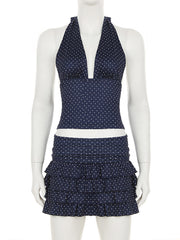 Polka Dot Print Halter Top Tiered Skirt Two Piece Set