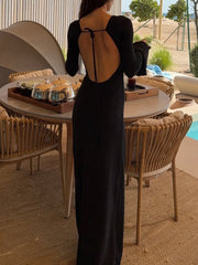 Elegant Flared Sleeve Backless Lace-Up Slim Maxi Dress