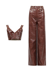 Metal Ring Patchwork PU Crop Top Wide Leg Pants Set
