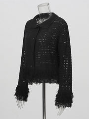 Fashion Double-Breasted Crochet Knit Fringe Jacket