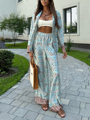 Print Loose Shirt Casual Wide Leg Pants Two Piece Set