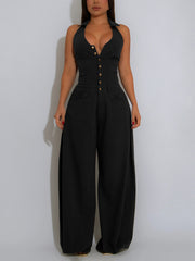 Fashion Halter Backless Slim Wide Leg Jumpsuit