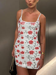 Sexy Rose Print Sequin Suspender Mini Dress