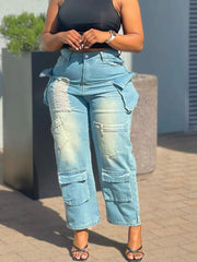 Casual High Waist Ripped Cargo Jeans