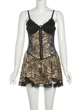 Lace Patchwork Leopard Print Ruffle Camisole Mini Dress