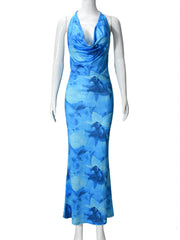 Elegant Print Halterneck Slim Maxi Dress