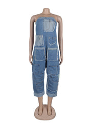 Fashion Casual Baggy Strapless Denim Jumpsuit