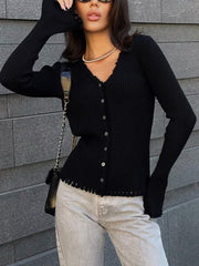 V Neck Button Up Ribbed Knit Cardigan