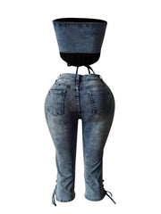 Fashion Lace-up Denim Vest Cropped Jeans Set